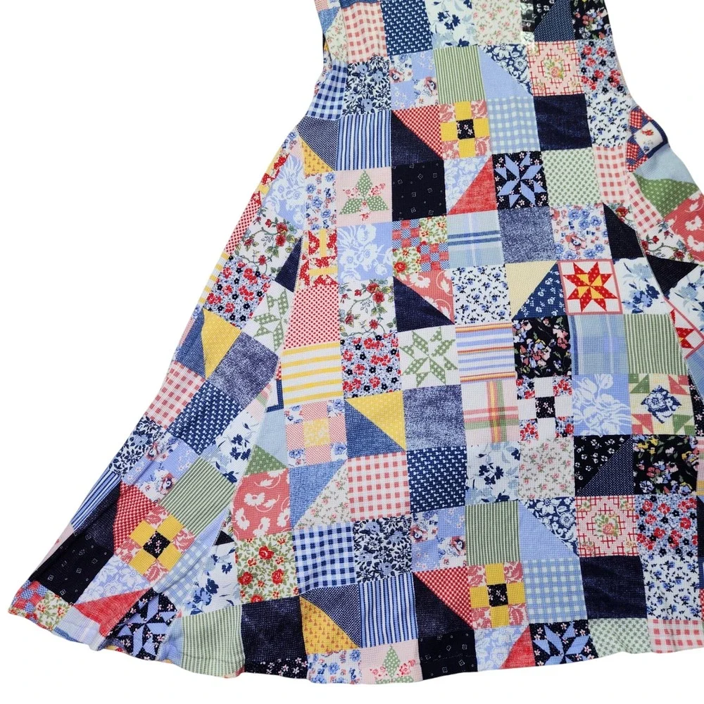 Polo Ralph Lauren Patchwork Quilt Print Waffle‎ Knit Maxi Dress Blue L RARE New - Picture 7 of 15